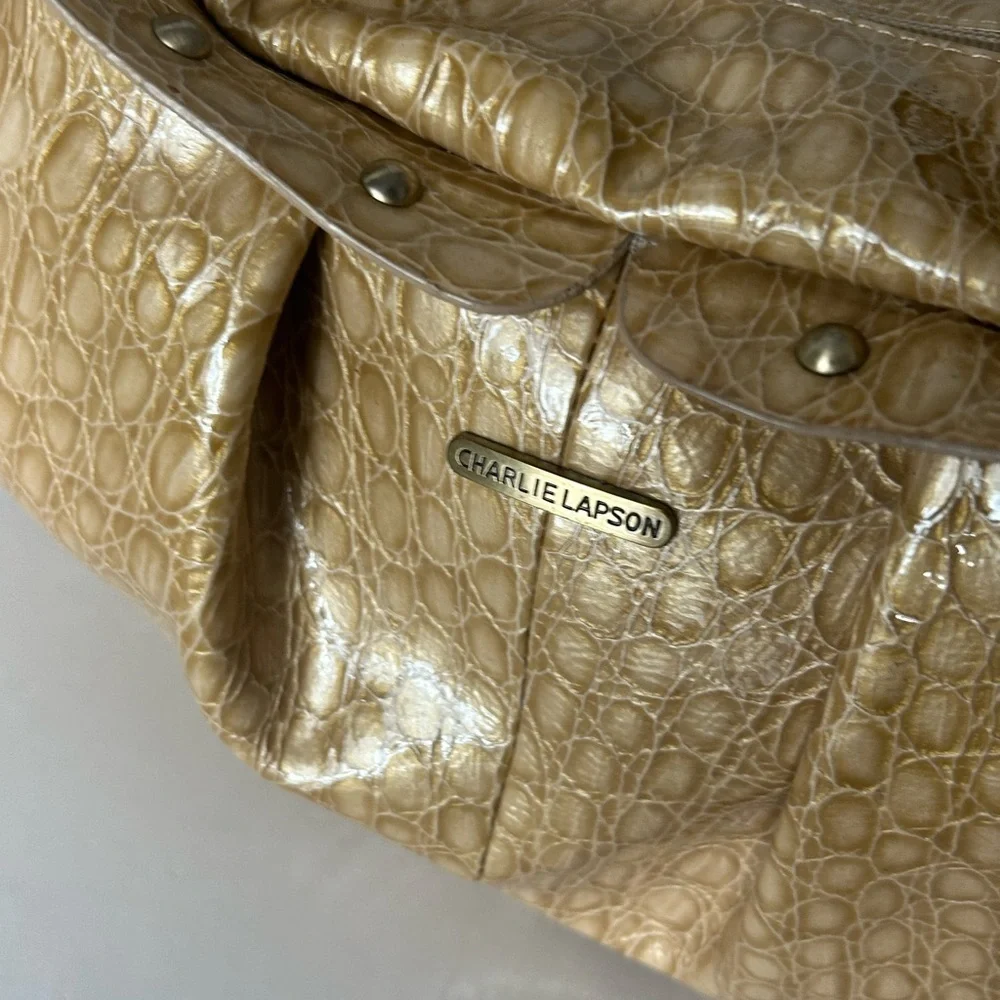 Charlie Lapson Gold Metallic Croc Embossed Shoulder Bag Slouchy Bag